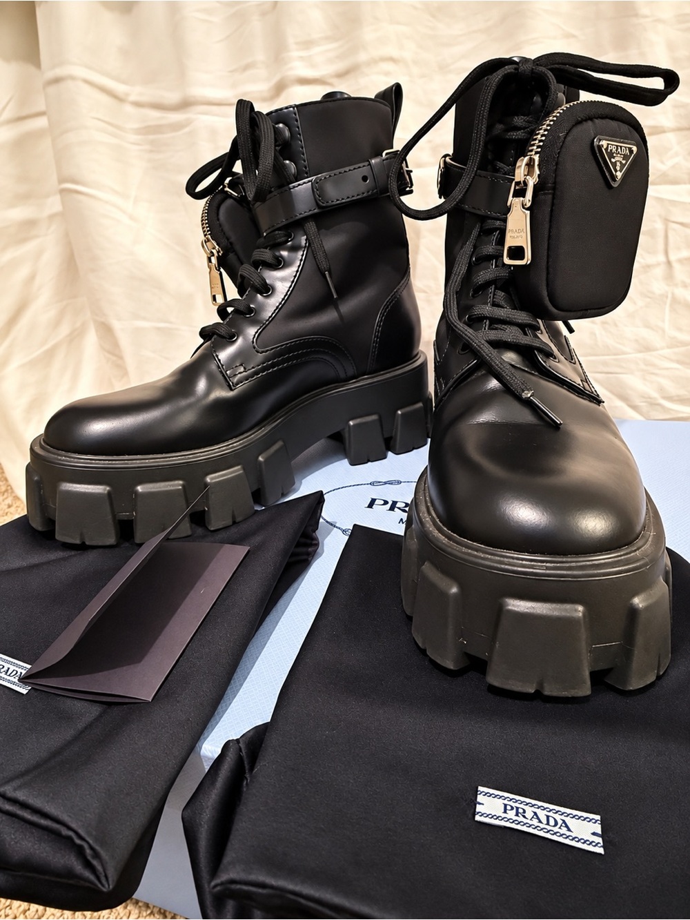 Prada Monolith Leather Re-Nylon Combat Boots Pouch 37.5